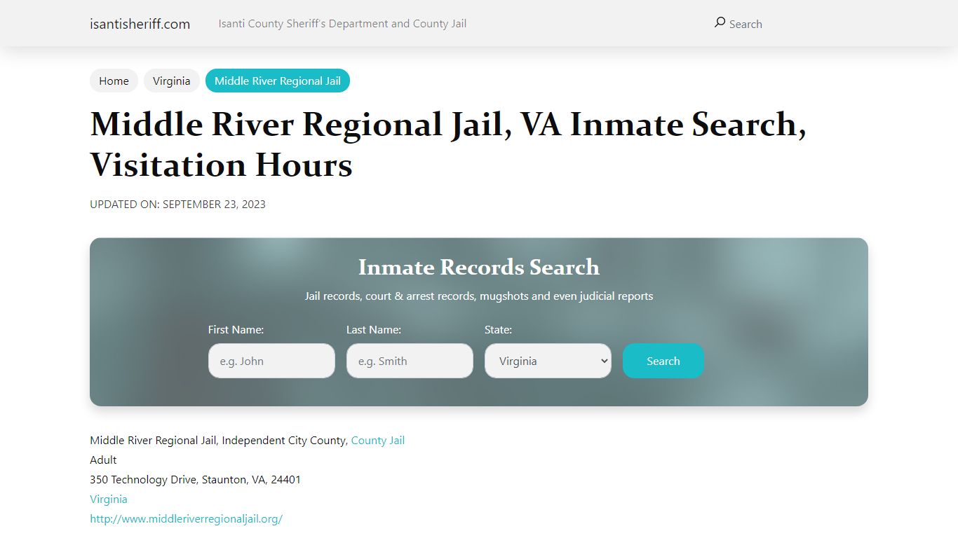 Middle River Regional Jail, VA Inmate Search, Visitation Hours